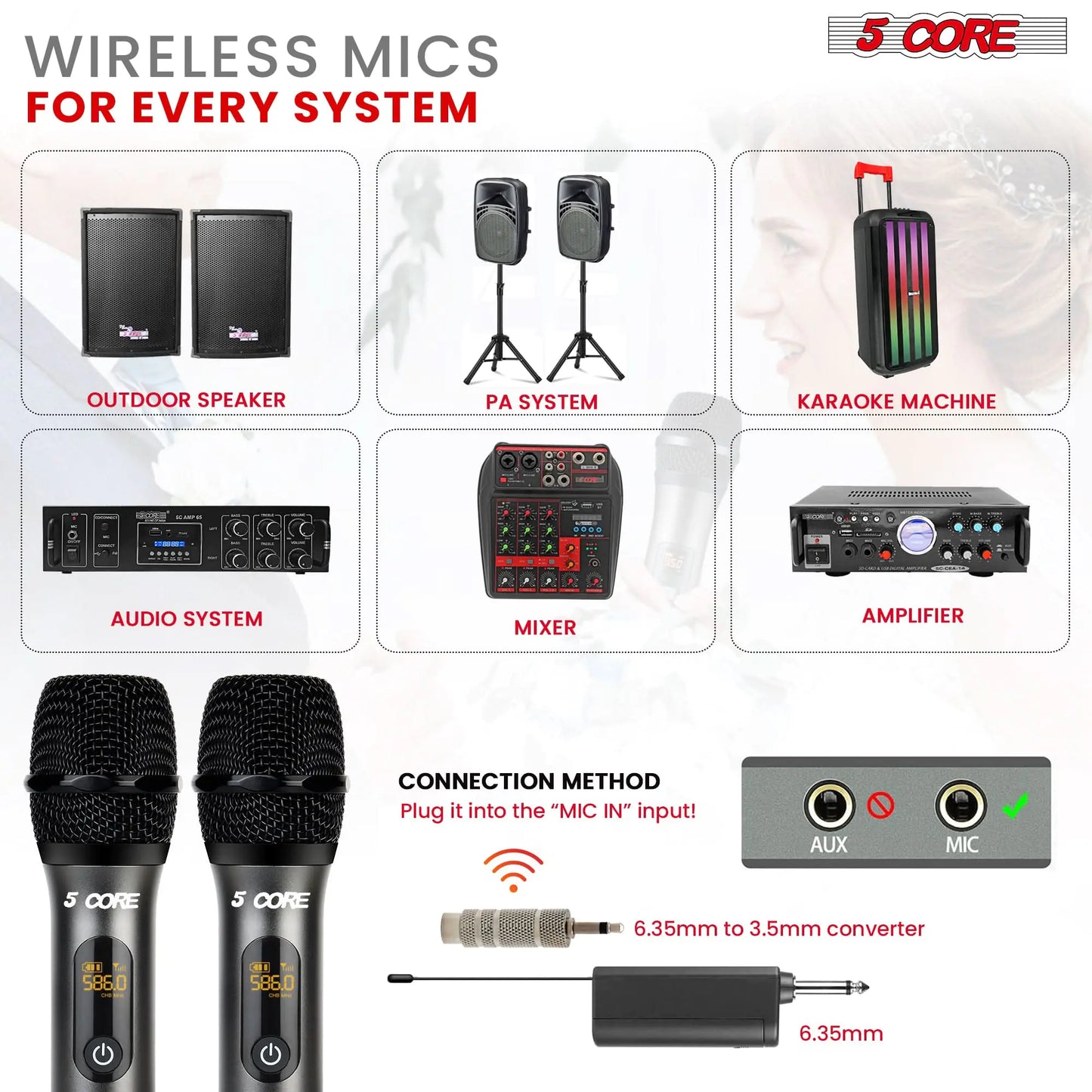 5Core Wireless Microphone Pair UHF Handheld Microfonos Inalambricos Cordless Mic GRAY