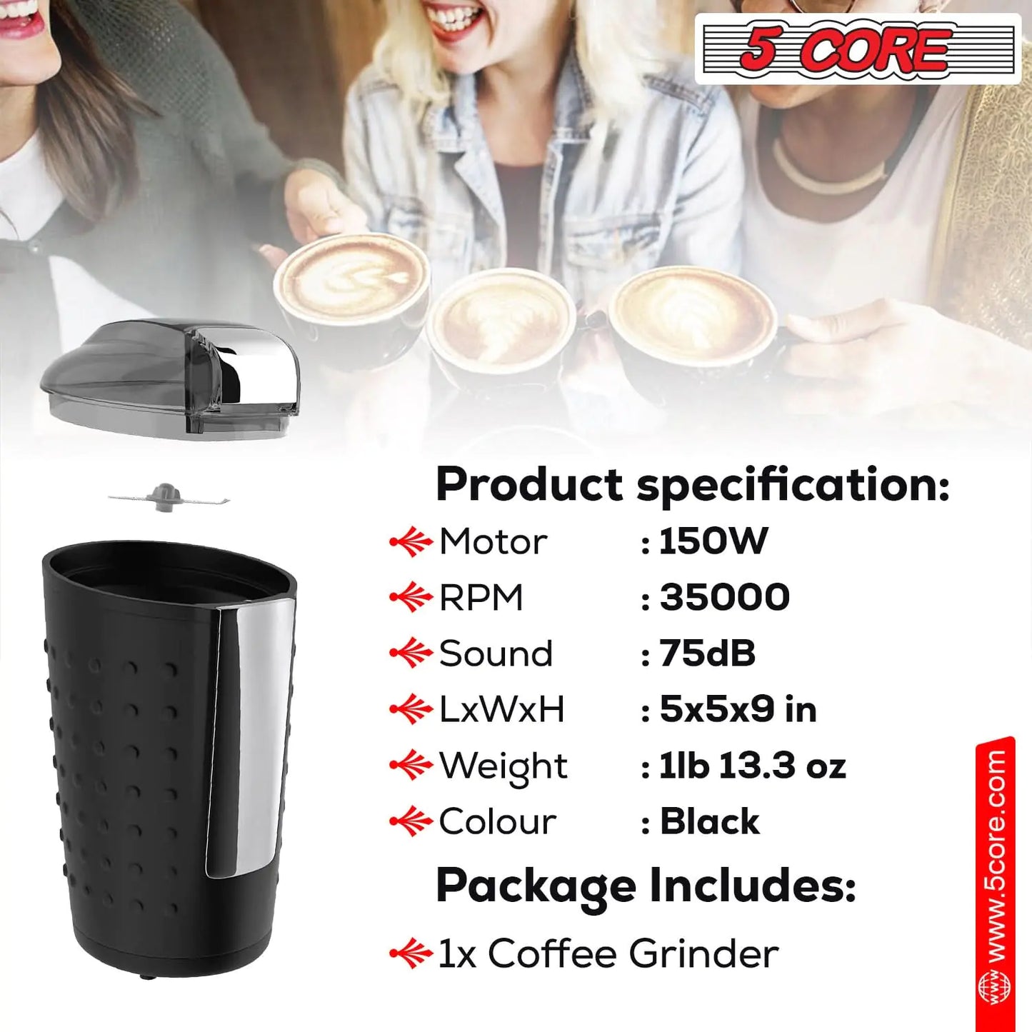 5Core Coffee Grinder 85 Gram Capacity 150W Electric Bean Spice Grinders Black