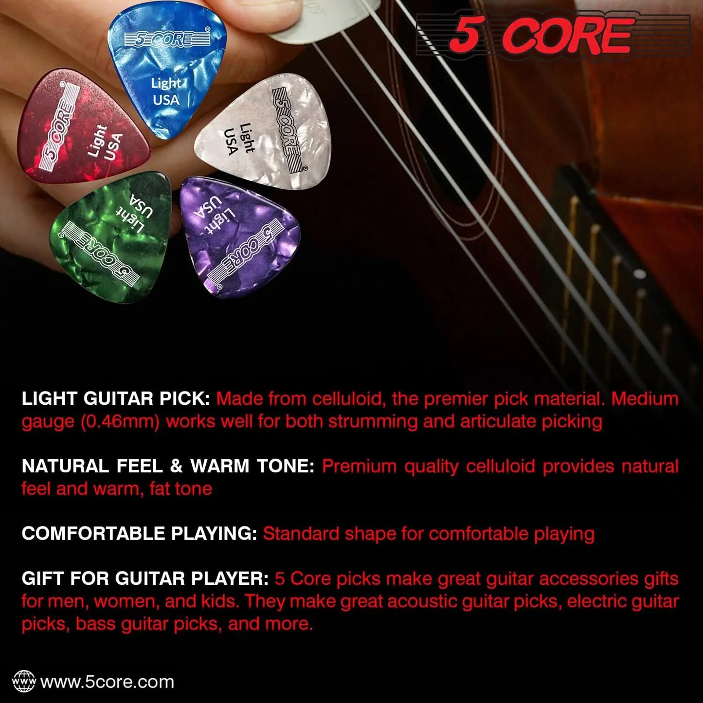 5Core Guitar Picks Celluloid Light Medium Heavy Gauge Pick - Acoustic Electric Bass Guitars PURPLE