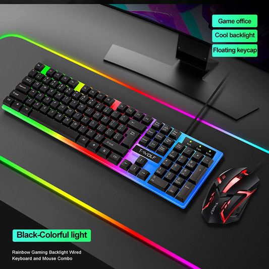 Rainbow Backlit Wired Gaming Keyboard and Mouse Kit with One-Click Light Control