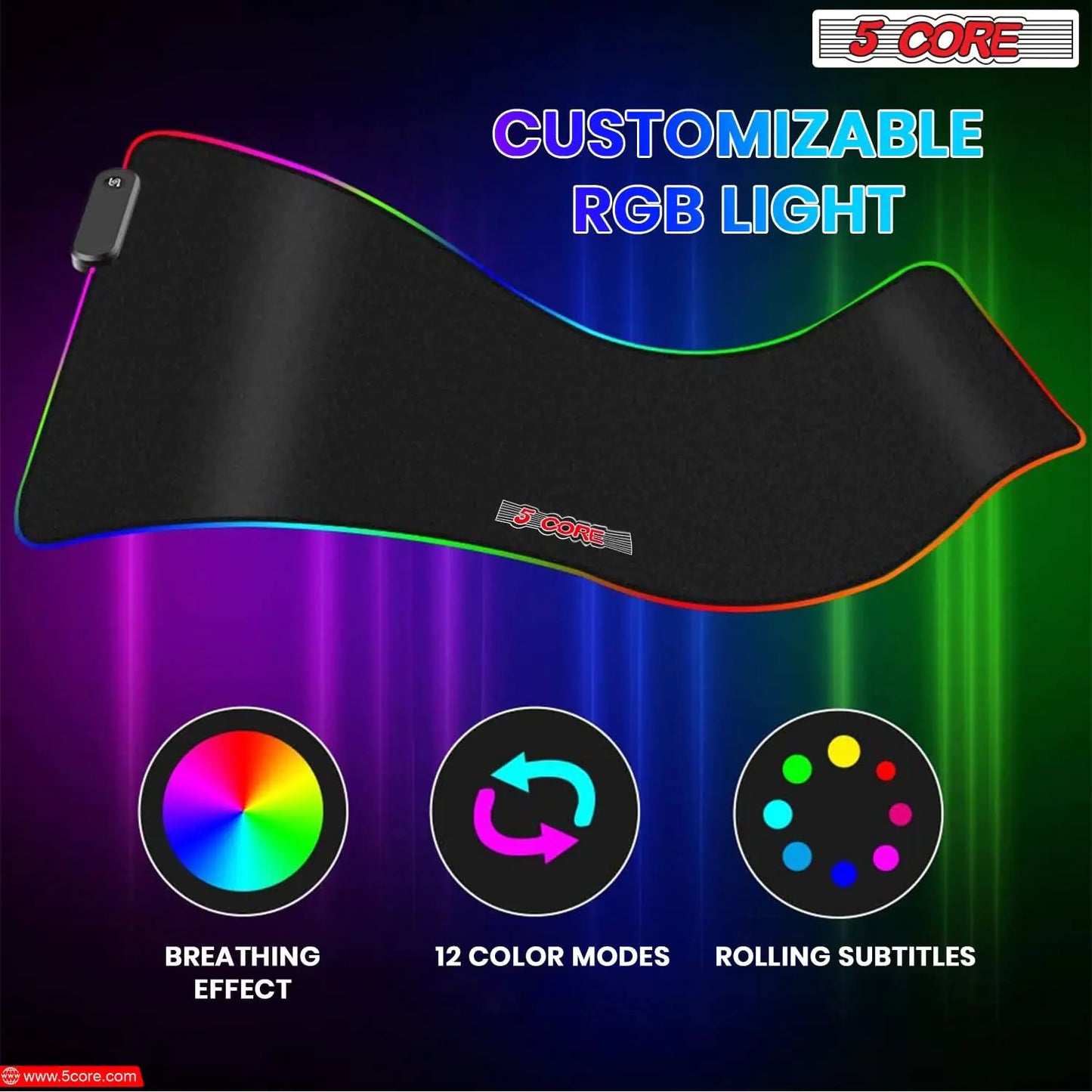 5Core RGB Mouse Pad 12 Light Modes Soft Padded Large Gaming Keyboard Mouse Mat