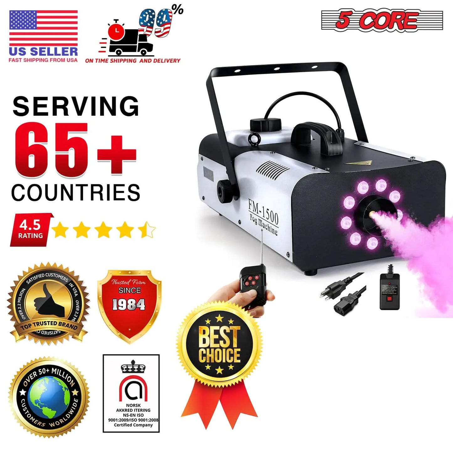 5 Core Fog Machine Indoor Outdoor  1500W 6000CFM Fogger Smoke Machine w LED  2.5 L Tank  Remote