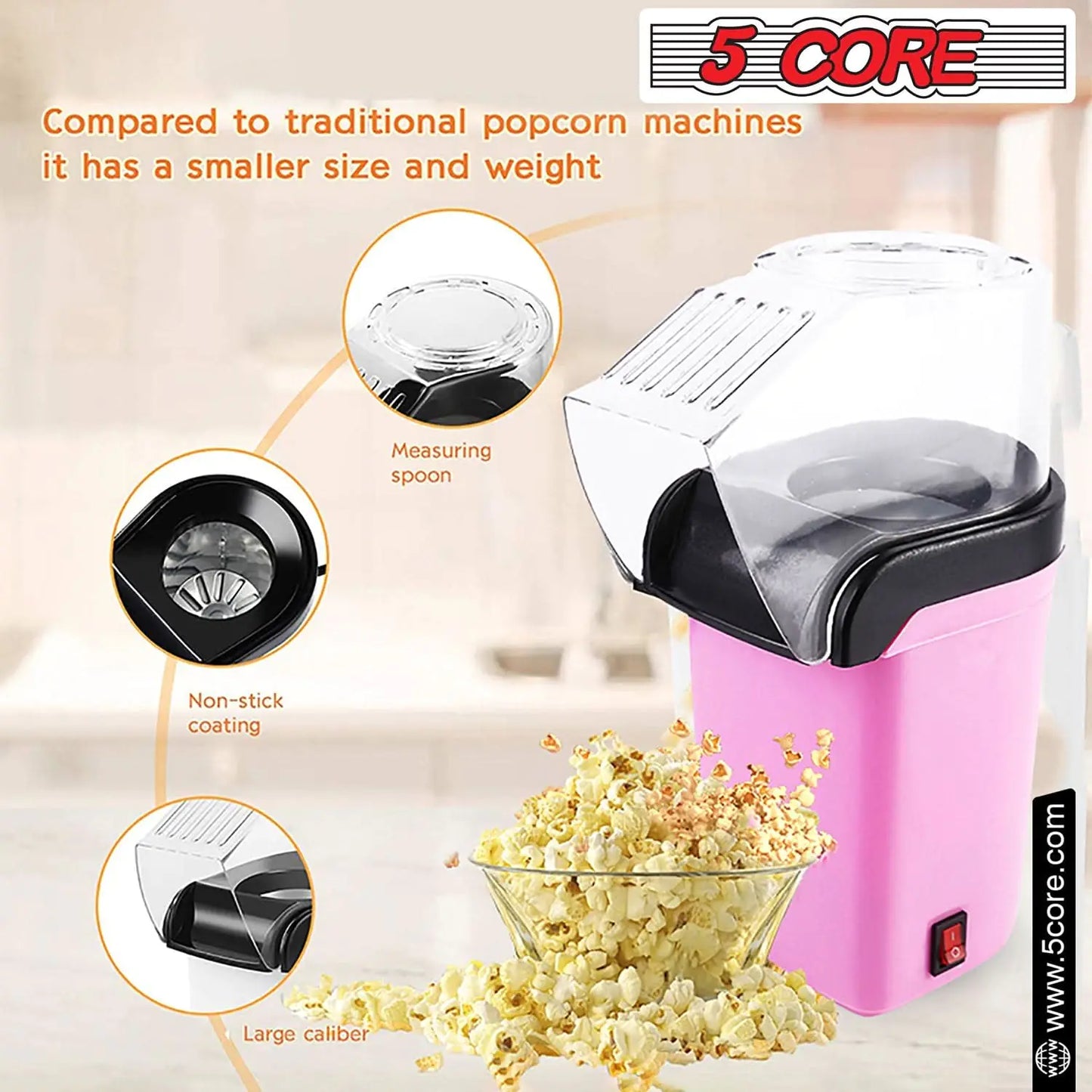 5Core Popcorn Machine 16 Cup Hot Air Popper Mini Portable Electric Pop Corn Maker PINK