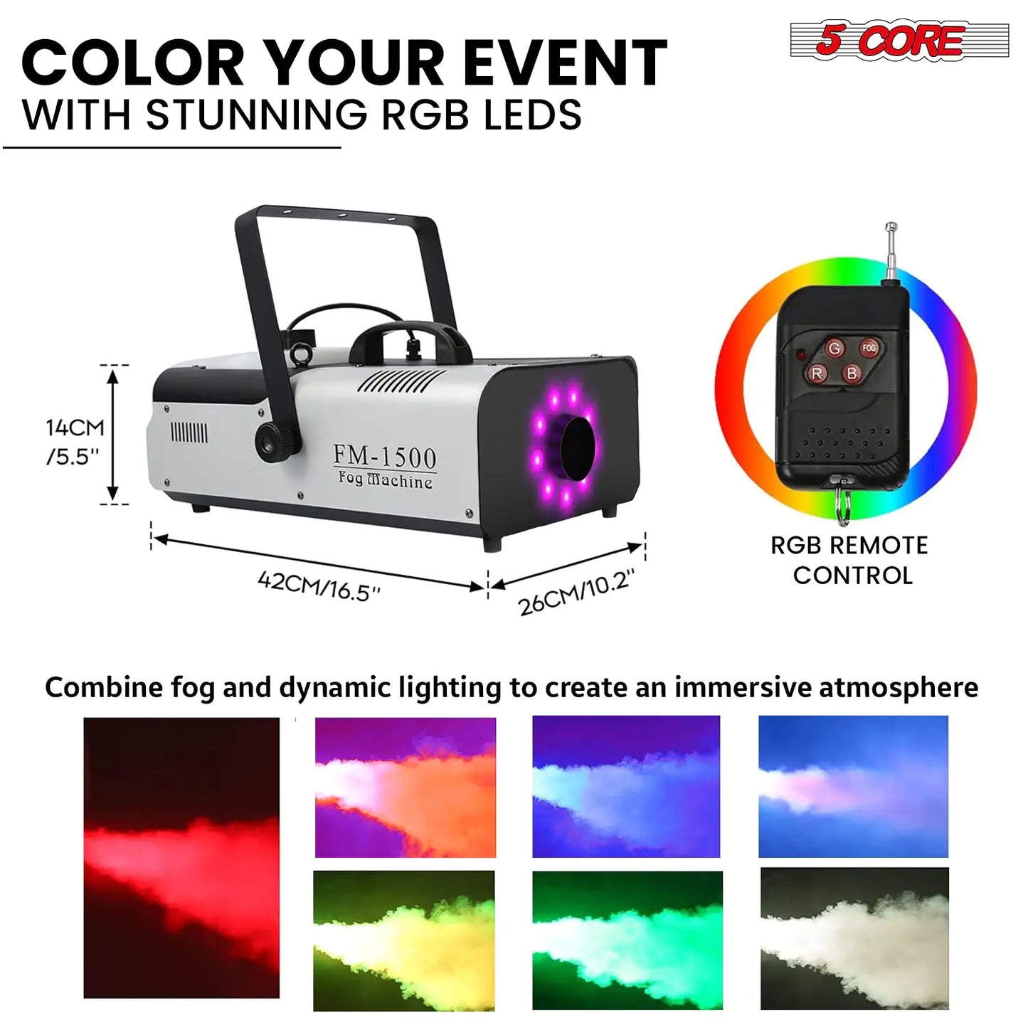 5 Core Fog Machine Indoor Outdoor  1500W 6000CFM Fogger Smoke Machine w LED  2.5 L Tank  Remote