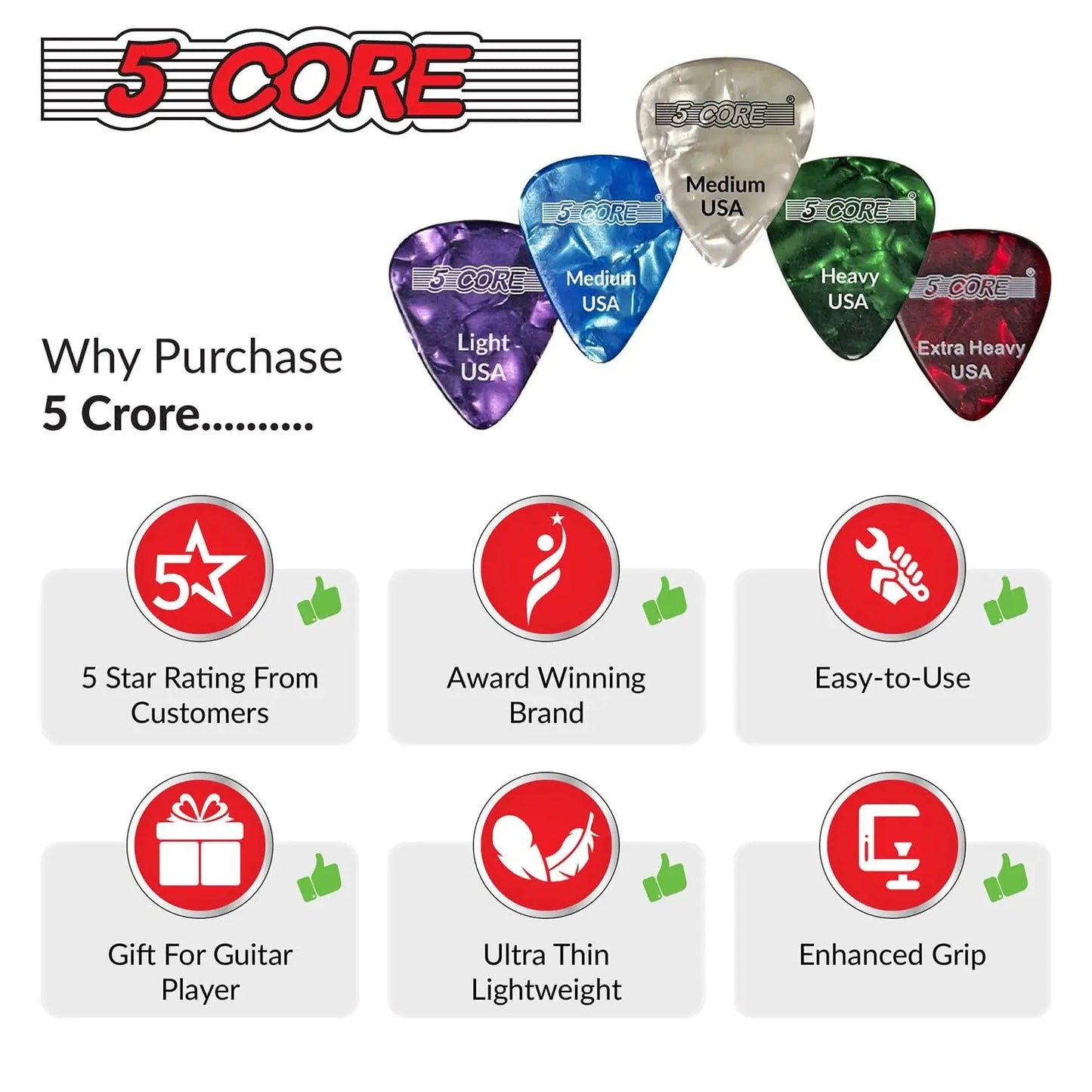 5Core Guitar Picks Celluloid Light Medium Heavy Gauge Pick - Acoustic Electric Bass Guitars PURPLE