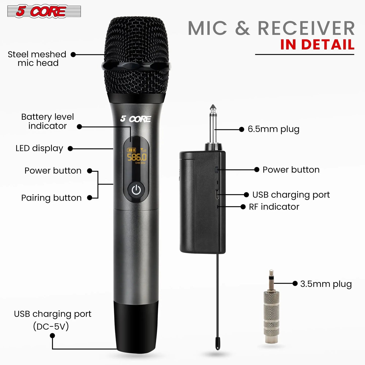 5Core Wireless Microphone Pair UHF Handheld Microfonos Inalambricos Cordless Mic GRAY