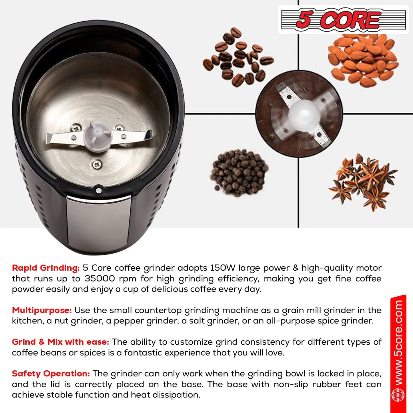 5Core Coffee Grinder 85 Gram Capacity 150W Electric Bean Spice Grinders Black