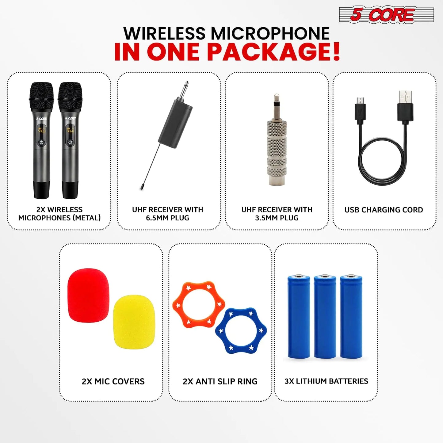 5Core Wireless Microphone Pair UHF Handheld Microfonos Inalambricos Cordless Mic GRAY