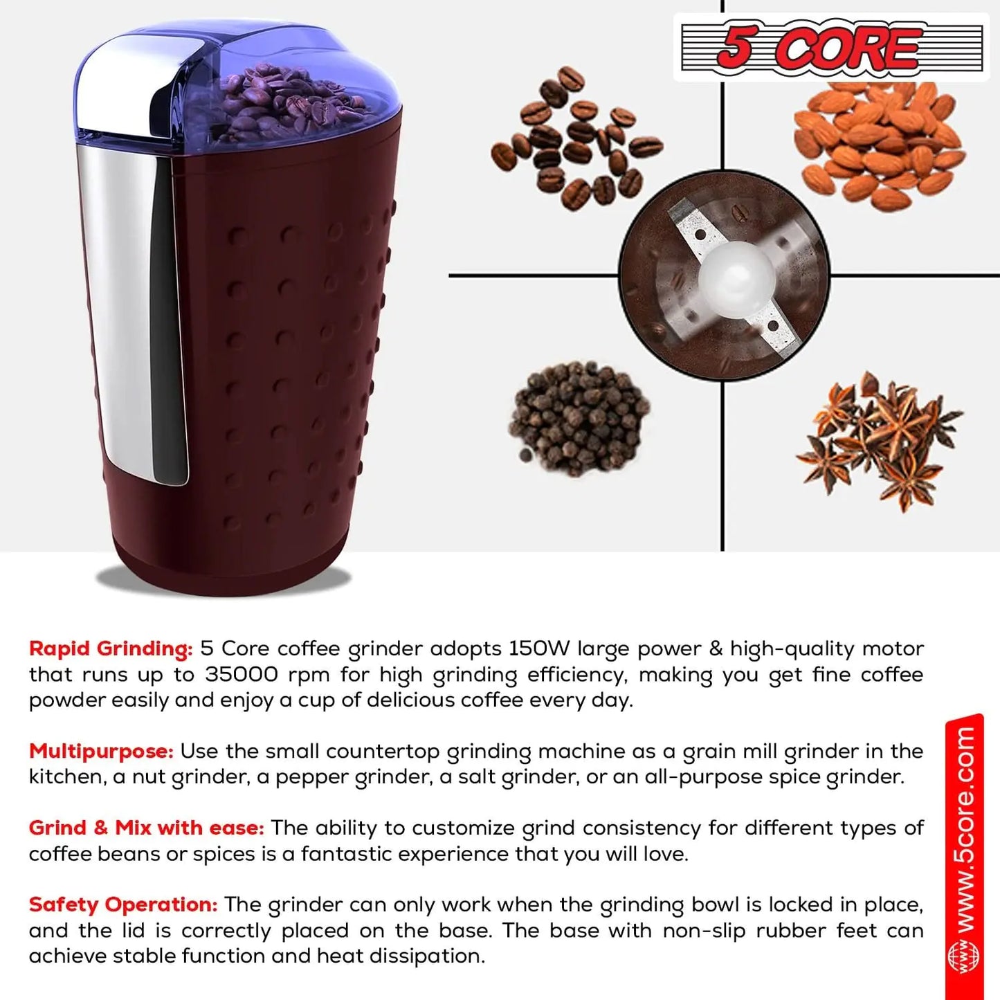 5Core Coffee Grinder 85 Gram Capacity 150W Electric Bean Spice Grinders BROWN