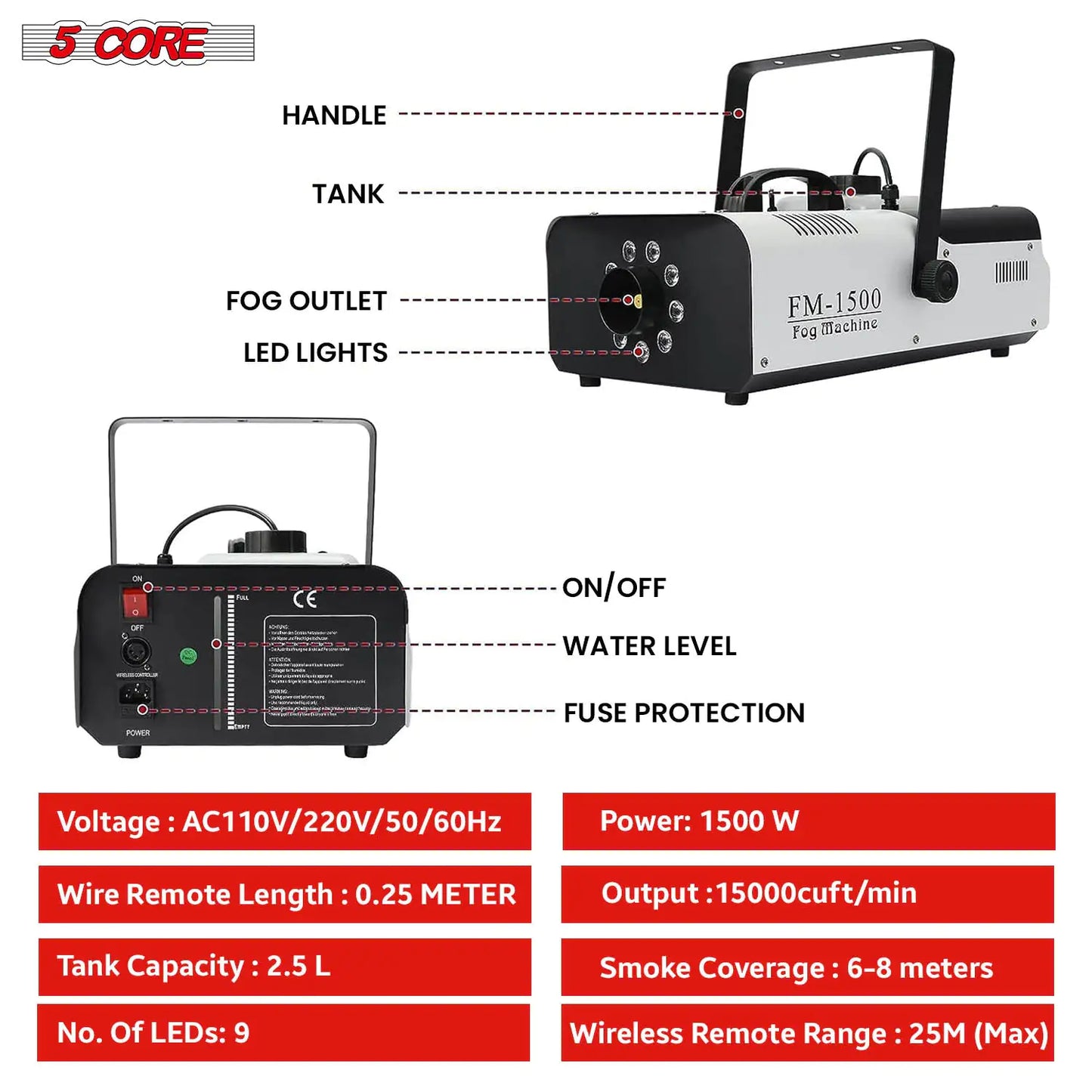 5 Core Fog Machine Indoor Outdoor  1500W 6000CFM Fogger Smoke Machine w LED  2.5 L Tank  Remote