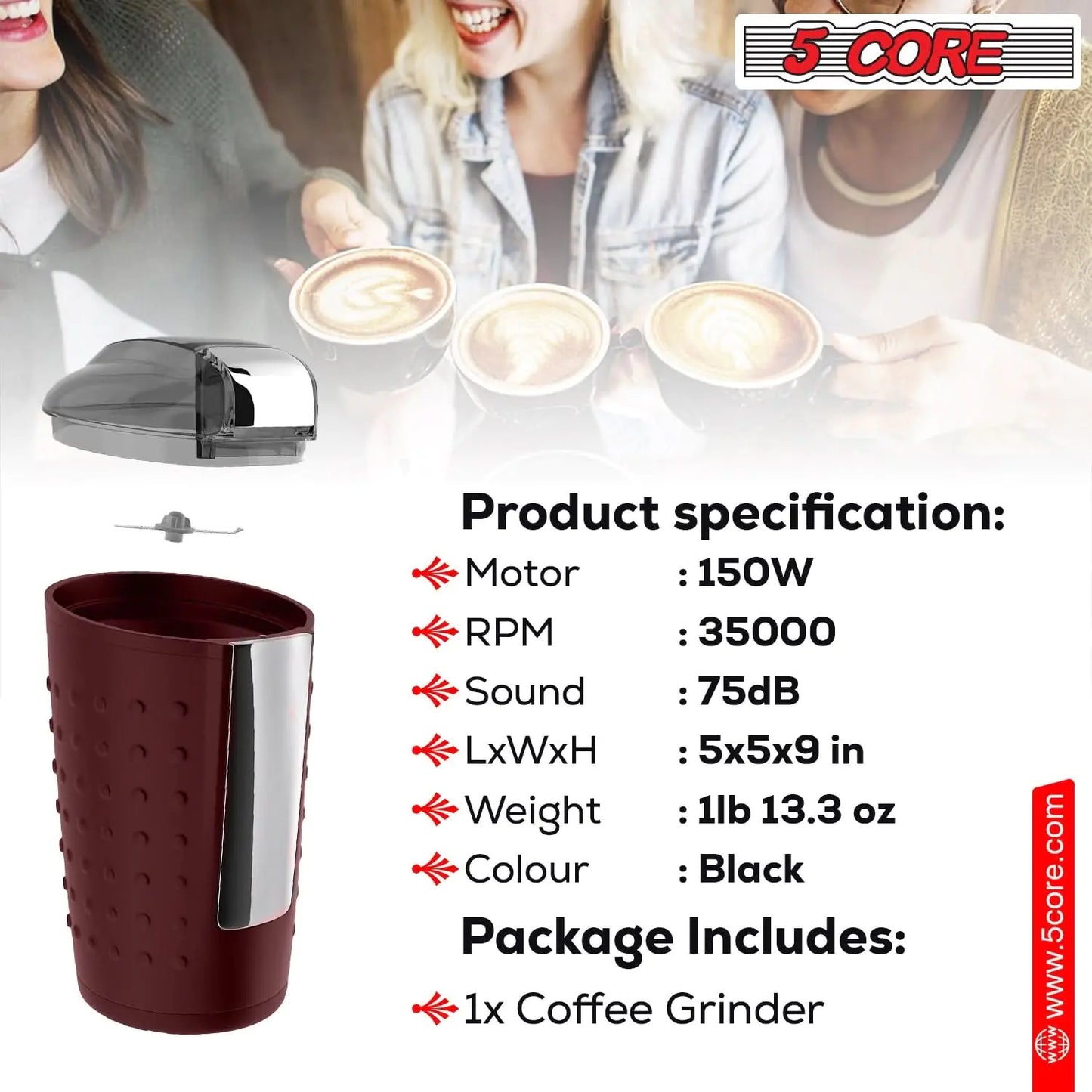 5Core Coffee Grinder 85 Gram Capacity 150W Electric Bean Spice Grinders BROWN